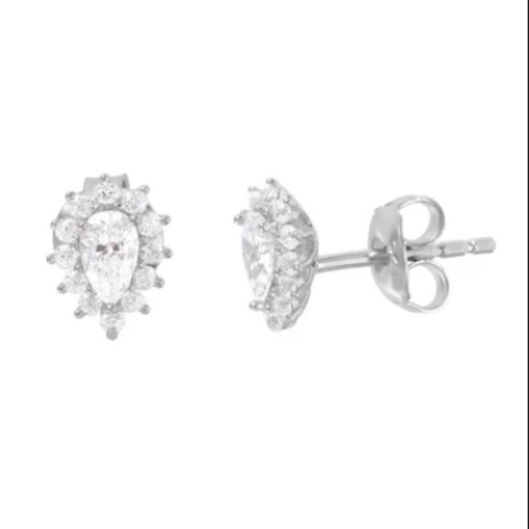 Sterling Silver 925 Rhodium Plated CZ Teardrop Stud Earrings - Picture 2 of 12